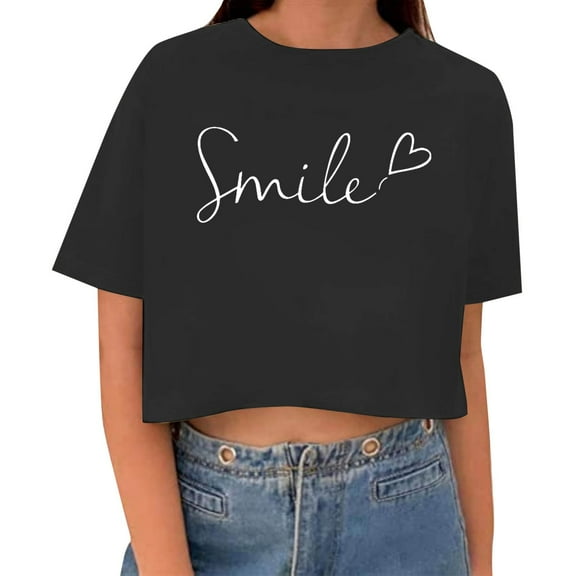 MIXUE Womens Summer Tops Letter Print Round Neck Short Sleeve Loose Casual Shirts For Women Tee Shirts Daily-Wear,Black,M