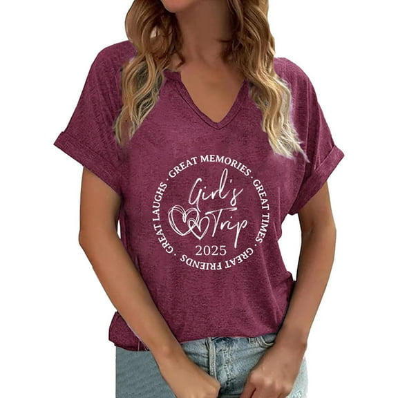 MIXUE Womens Summer Tops Letter Print V Neck Short Sleeve Fashion Casual Shirts For Women Tee Shirts Activewear,Red,M