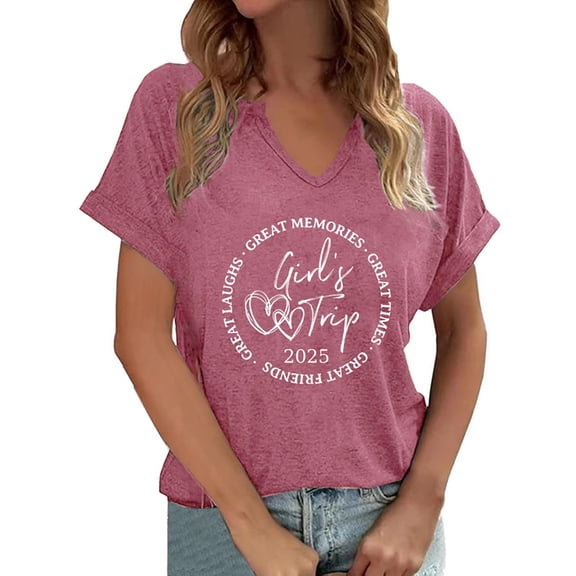 MIXUE Womens Summer Tops Letter Print V Neck Short Sleeve Fashion Casual Shirts For Women Tshirts Holiday Wear,Pink,XXXL