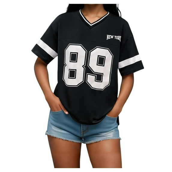 MIXUE Womens Summer Tops Letter Print V Neck Short Sleeve Loose Fit Casual Fashion Shirts For Women Tshirts Outwear,Black,S