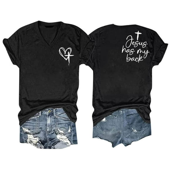 MIXUE Womens Summer Tops Letter Print V Neck Short Sleeve Loose Fit Casual Shirts For Women Tee Shirts Activewear,Black,S