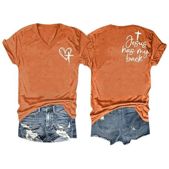 MIXUE Womens Summer Tops Letter Print V Neck Short Sleeve Loose Fit Casual Shirts For Women Tee Shirts Activewear,Orange,S
