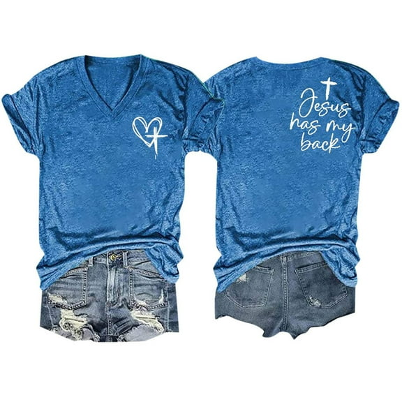 MIXUE Womens Summer Tops Letter Print V Neck Short Sleeve Loose Fit Casual Shirts For Women Tee Shirts Daily-Wear,Blue,XXL