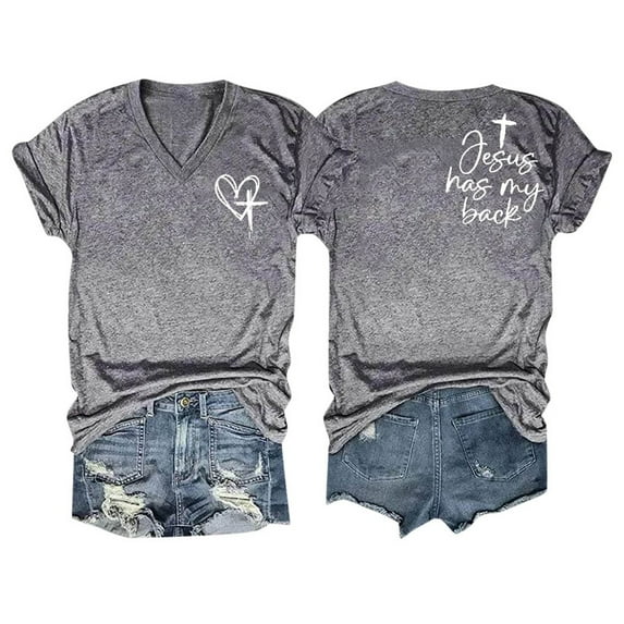 MIXUE Womens Summer Tops Letter Print V Neck Short Sleeve Loose Fit Casual Shirts For Women Tshirts Holiday Wear,Gray,M