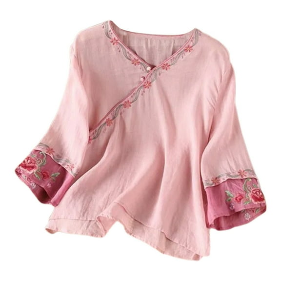 MIXUE Womens Summer Tops Linen Floral Embroidered Round Neck Long Sleeve Loose Retro Shirts For Women Tee Shirts Daily-Wear,Pink,XXXXL