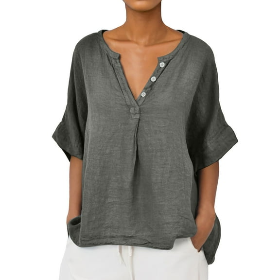 MIXUE Womens Summer Tops Linen Solid Color Button Down V Neck Short Sleeve Loose Casual Fashion Pullover Tee Shirts Outwear,Gray,XL