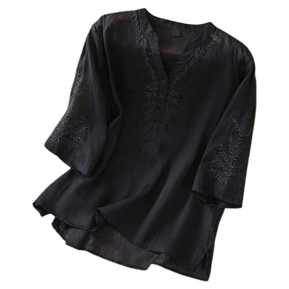 MIXUE Womens Summer Tops Linen Solid Color Embroidery V Neck Short Sleeve Loose Tee Shirts Outwear,Black,XXXL