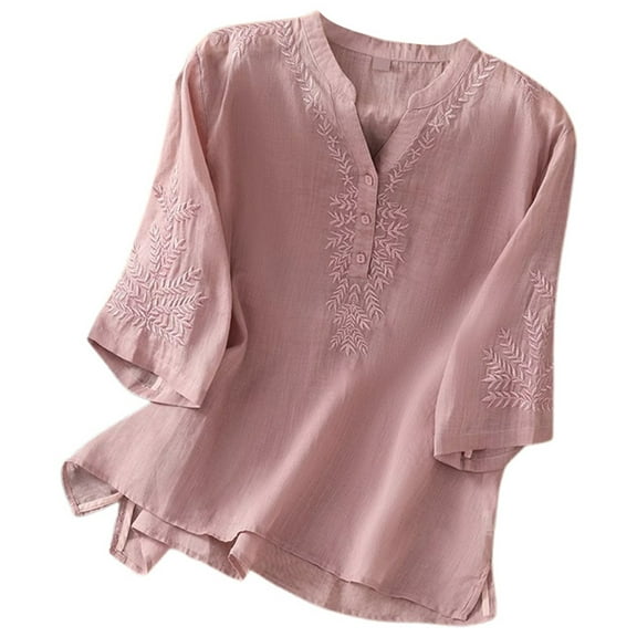 MIXUE Womens Summer Tops Linen Solid Color Embroidery V Neck Short Sleeve Loose Tshirts Activewear,Purple,XXXL