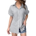 thumbnail image 1 of MIXUE Womens Summer Tops Linen Solid Color Lapel Short Sleeve Casual Loose Tee Shirts Streetwear,Gray,L, 1 of 5