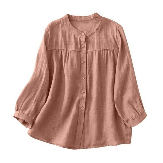 MIXUE Womens Summer Tops Linen Solid Color Round Neck 3/4 Sleeve Ethnic Style Vintage Loose Fit Casual Cardigan Tshirts Outwear,Orange,L