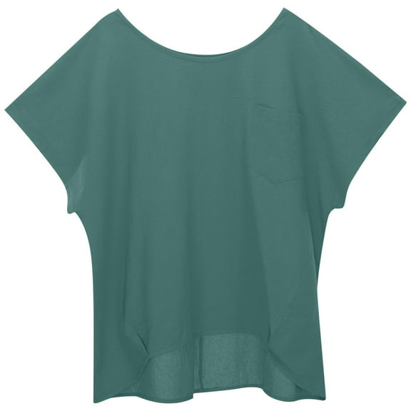 MIXUE Womens Summer Tops Linen Solid Color Round Neck Short Sleeve Pocket Loose Casual Shirts For Women T-shirts Sportwear,Green,XXXXXL