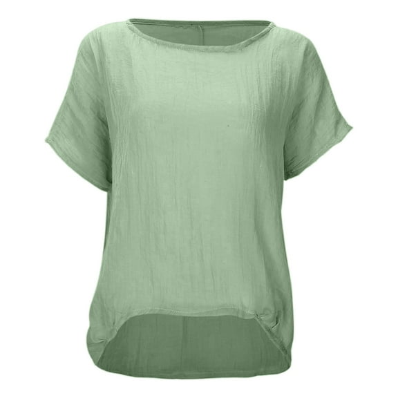 MIXUE Womens Summer Tops Linen Solid Color Round Neck Short Sleeve Soft Loose Fit T Shirts Daily-Wear,Green,XL