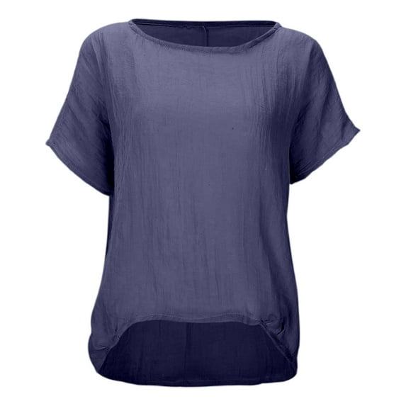 MIXUE Womens Summer Tops Linen Solid Color Round Neck Short Sleeve Soft Loose Fit T Shirts Sportwear,Purple,XL