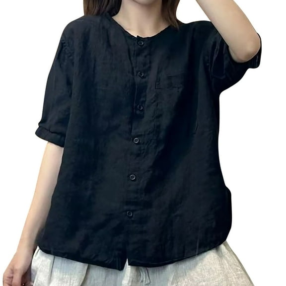 MIXUE Womens Summer Tops Linen Solid Color Round Neck Short Sleeve Vintage Loose Fit Cardigan Stylish T Shirts Sportwear,Black,M