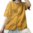 thumbnail image 1 of MIXUE Womens Summer Tops Linen Solid Color Round Neck Short Sleeve Vintage Loose Fit Cardigan T-shirts Daily-Wear,Yellow,XL, 1 of 3