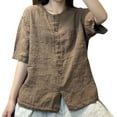 thumbnail image 1 of MIXUE Womens Summer Tops Linen Solid Color Round Neck Short Sleeve Vintage Loose Fit Cardigan Tshirts Outwear,Brown,L, 1 of 3