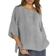thumbnail image 1 of MIXUE Womens Summer Tops Linen Solid Color Striped Round Neck 3/4 Sleeve Loose Pullover Tee Shirts Outwear,Black,M, 1 of 4