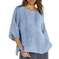 thumbnail image 1 of MIXUE Womens Summer Tops Linen Solid Color Striped Round Neck 3/4 Sleeve Loose Pullover Tshirts Outwear,Blue,M, 1 of 4