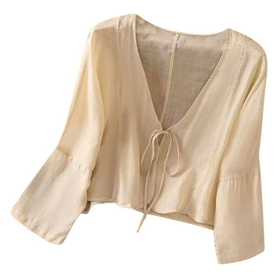 MIXUE Womens Summer Tops Linen Solid Color Thin Lace Up V Neck Long Sleeve Loose Casual T Shirts Holiday Wear,Beige,XXL