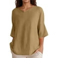thumbnail image 1 of MIXUE Womens Summer Tops Linen Solid Color V Neck Short Sleeve Loose T Shirts Holiday Wear,Brown,XL, 1 of 3