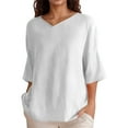 thumbnail image 1 of MIXUE Womens Summer Tops Linen Solid Color V Neck Short Sleeve Loose T-shirts Sportwear,White,M, 1 of 4