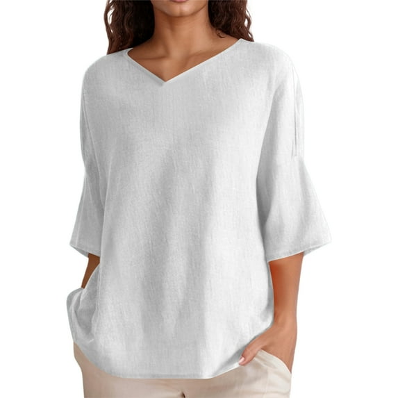 MIXUE Womens Summer Tops Linen Solid Color V Neck Short Sleeve Loose T-shirts Sportwear,White,M