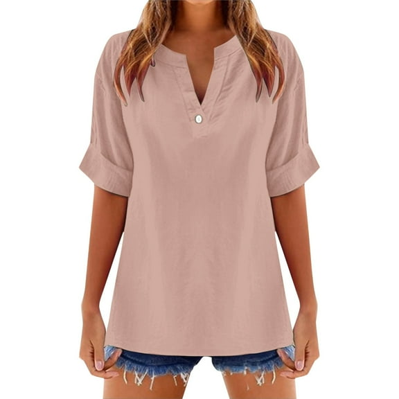 MIXUE Womens Summer Tops Linen Solid Color V Neck Short Sleeve Stylish Comfortable Casual T-shirts Sportwear,Blue,S