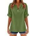 thumbnail image 1 of MIXUE Womens Summer Tops Linen Solid Color V Neck Short Sleeve Stylish Comfortable Casual T-shirts Sportwear,Green,XXL, 1 of 4