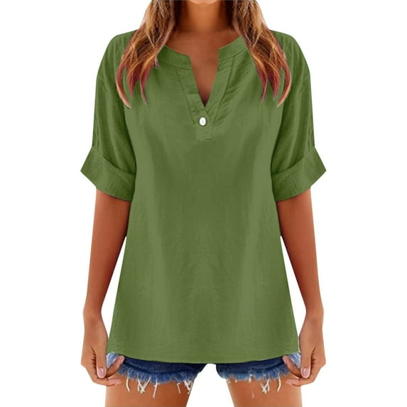 MIXUE Womens Summer Tops Linen Solid Color V Neck Short Sleeve Stylish Comfortable Casual T-shirts Sportwear,Green,XXL