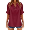thumbnail image 1 of MIXUE Womens Summer Tops Linen Solid Color V Neck Short Sleeve Stylish Comfortable Casual T-shirts Sportwear,Red,L, 1 of 4