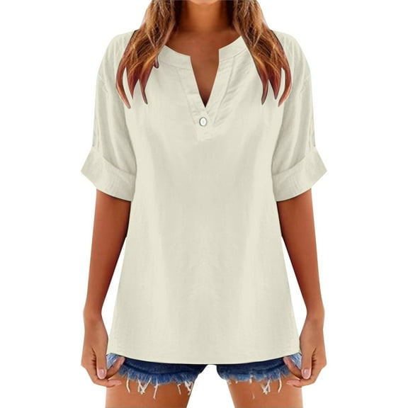 MIXUE Womens Summer Tops Linen Solid Color V Neck Short Sleeve Stylish Comfortable Casual Tee Shirts Outwear,White,M