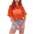 thumbnail image 1 of MIXUE Womens Summer Tops Mesh Transparent Sexy Solid Color Round Neck Short Sleeve Fashion Shirts For Women Tshirts Holiday Wear,Red,M, 1 of 4