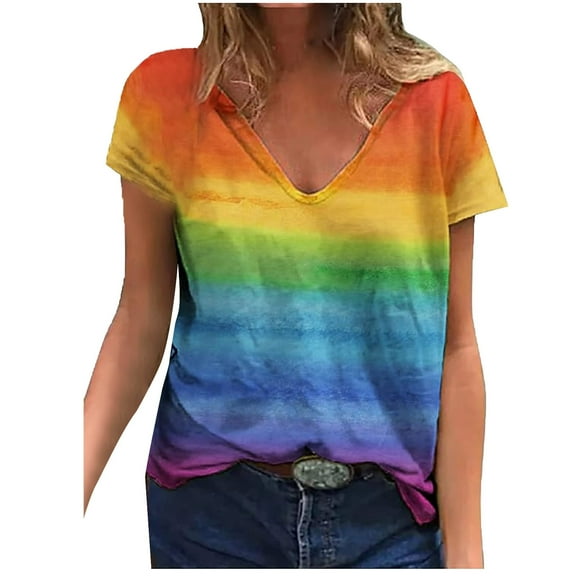 MIXUE Womens Summer Tops Rainbow Gradient Print V Neck Short Sleeve Fashion Casual Shirts For Women Tee Shirts Daily-Wear,Orange,S