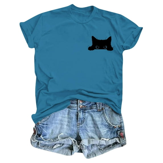 MIXUE Womens Summer Tops Solid Color Cat Print Round Neck Short Sleeve Fashion Casual Shirts For Women Tshirts Outwear,Blue,XL
