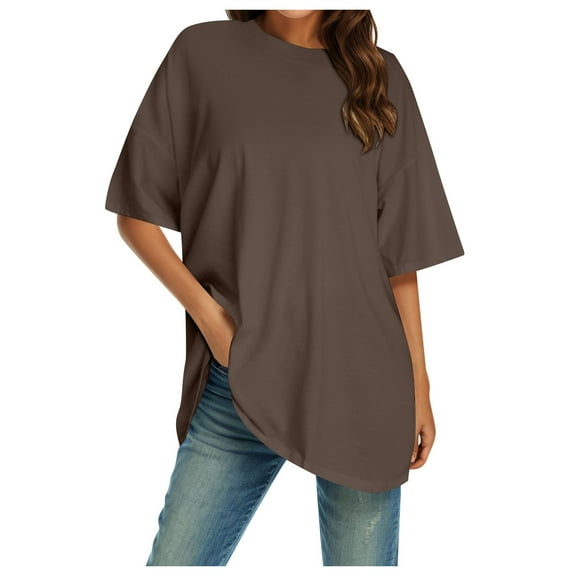 MIXUE Womens Summer Tops Solid Color Crew Neck Short Sleeve Loose Casual Basic Shirts For Women T-shirts Streetwear,Brown,M