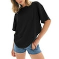 thumbnail image 1 of MIXUE Womens Summer Tops Solid Color Crew Neck Short Sleeve Loose Fit Casual Basic Shirts For Women Tee Shirts Activewear,Black,L, 1 of 4