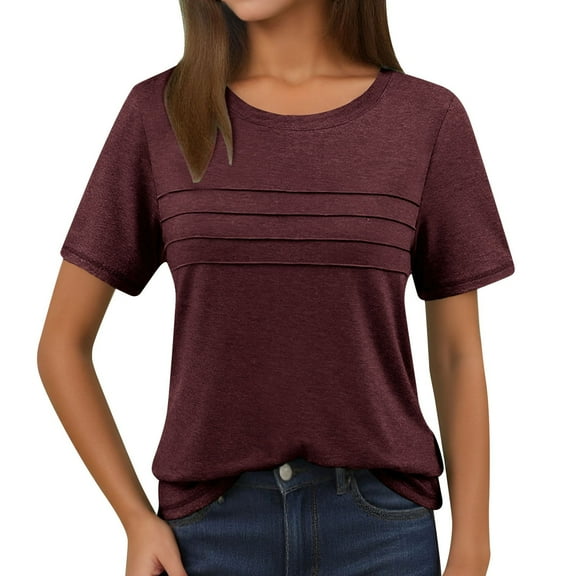 MIXUE Womens Summer Tops Solid Color Crew Neck Short Sleeve Trendy Dressy Casual Tunic Beach Fashion T Shirts Daily-Wear,Red,S