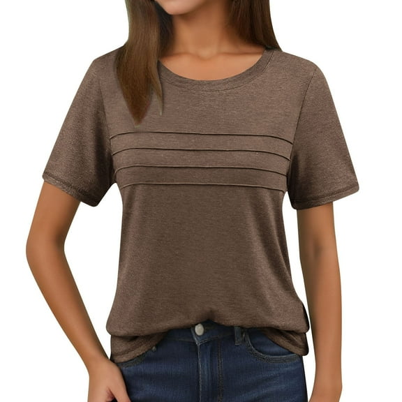 MIXUE Womens Summer Tops Solid Color Crew Neck Short Sleeve Trendy Dressy Casual Tunic Beach Fashion Tshirts Outwear,Brown,L