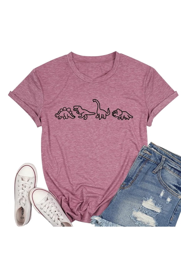 Womens Summer Tops Solid Color Dinosaur Print Round Neck Short Sleeve Fashion Casual Shirts For Women Tee Shirts Activewear,Pink,M