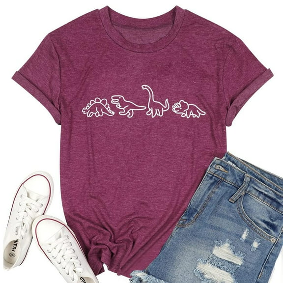 MIXUE Womens Summer Tops Solid Color Dinosaur Print Round Neck Short Sleeve Fashion Casual Shirts For Women Tee Shirts Daily-Wear,Pink,L