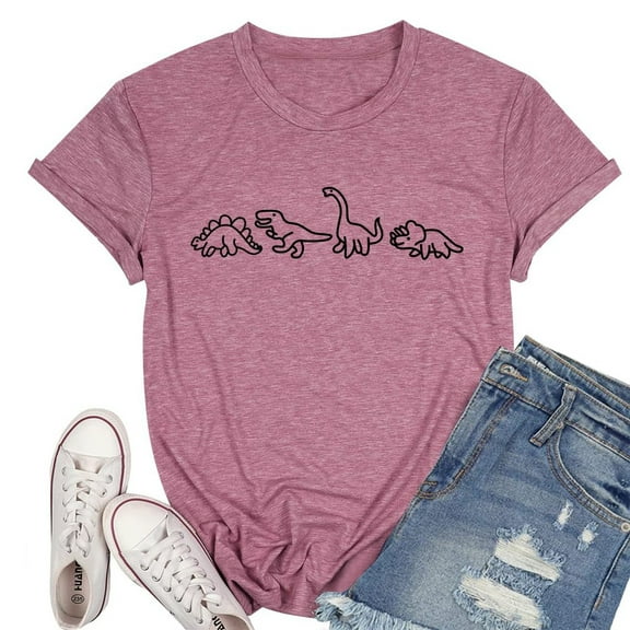 MIXUE Womens Summer Tops Solid Color Dinosaur Print Round Neck Short Sleeve Fashion Casual Shirts For Women Tshirts Holiday Wear,Pink,XXXL