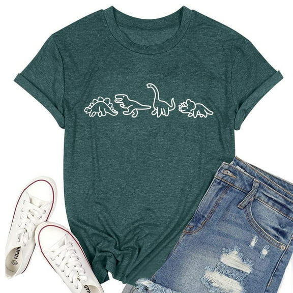 MIXUE Womens Summer Tops Solid Color Dinosaur Print Round Neck Short Sleeve Fashion Casual Shirts For Women Tshirts Outwear,Green,XL