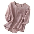thumbnail image 1 of MIXUE Womens Summer Tops Solid Color Embroidery Round Neck Long Sleeve Retro Loose T-shirts Holiday Wear,Pink,XL, 1 of 9