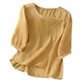 thumbnail image 1 of MIXUE Womens Summer Tops Solid Color Embroidery Round Neck Long Sleeve Retro Loose Tshirts Streetwear,Yellow,M, 1 of 9