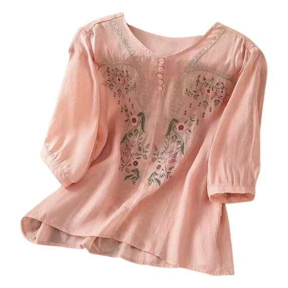 MIXUE Womens Summer Tops Solid Color Floral Embroidered Round Neck Long Sleeve Fashion Casual Shirts For Women T-shirts Streetwear,Pink,M