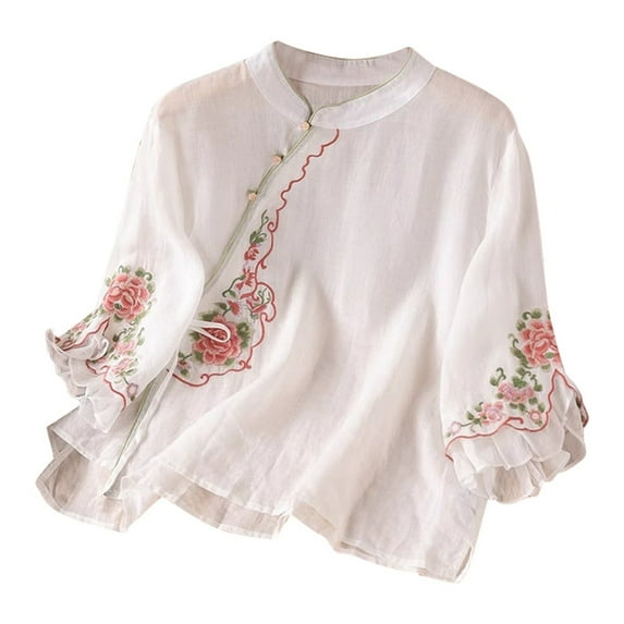 MIXUE Womens Summer Tops Solid Color Floral Embroidered Round Neck Long Sleeve Loose Retro Shirts For Women T-shirts Sportwear,White,L