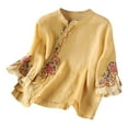 thumbnail image 1 of MIXUE Womens Summer Tops Solid Color Floral Embroidered Round Neck Long Sleeve Loose Retro Shirts For Women T-shirts Sportwear,Yellow,L, 1 of 3