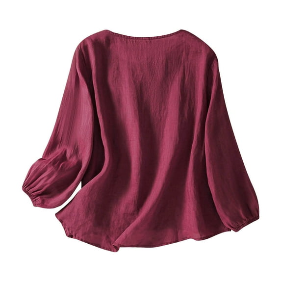 MIXUE Womens Summer Tops Solid Color Floral Embroidered Round Neck Long Sleeve Vintage Bohemian Loose Fit Casual Shirts For Women Tee Shirts Activewear,Red,L