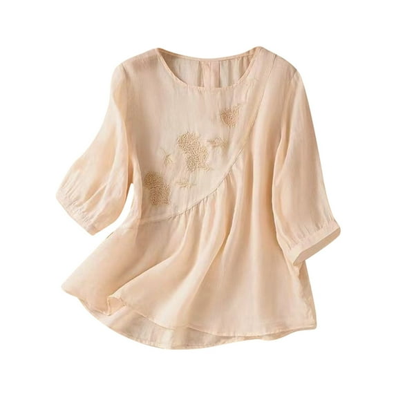 MIXUE Womens Summer Tops Solid Color Floral Embroidered Round Neck Long Sleeve Vintage Bohemian Loose Fit Shirts For Women Tshirts Outwear,Brown,XL