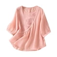 thumbnail image 1 of MIXUE Womens Summer Tops Solid Color Floral Embroidered Round Neck Long Sleeve Vintage Bohemian Loose Fit Shirts For Women Tee Shirts Daily-Wear,Pink,L, 1 of 8